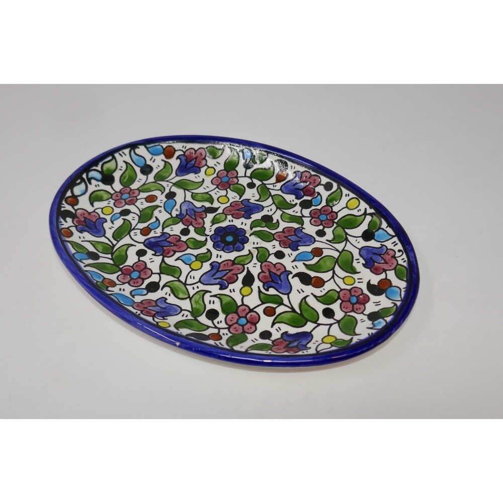 Armenian Pottery Hand Painted Floral Flowers Oval Dish Plate Made in Jerusalem - Picture 6 of 16